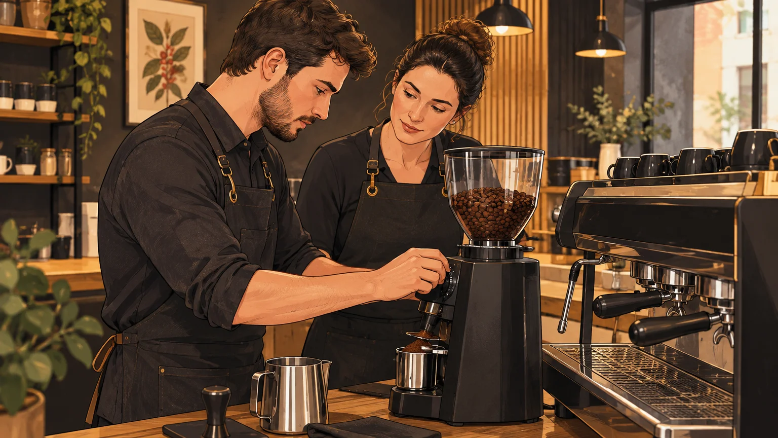 Une formatrice accompagne un apprenant dans le réglage du moulin espresso