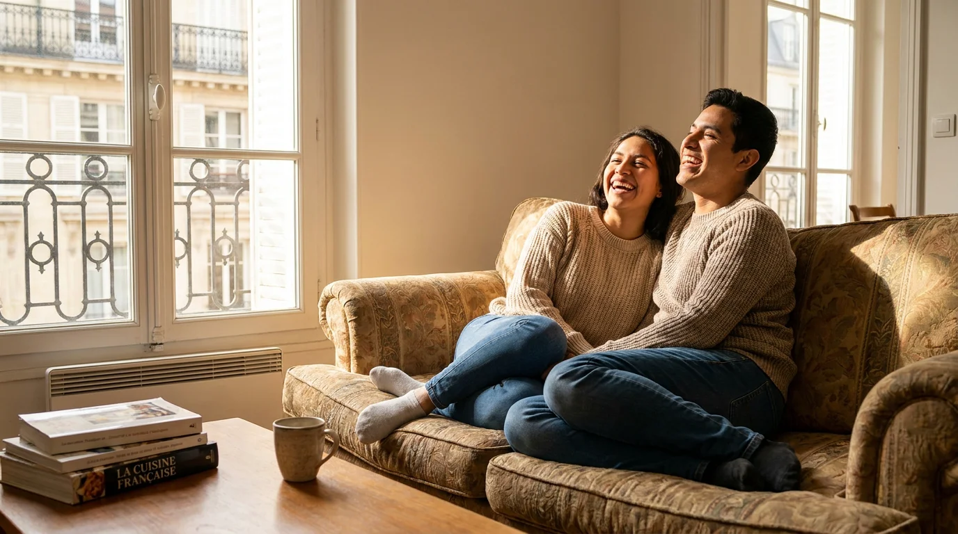Couple latino-hispanique heureux riant ensemble sur un canapé dans une ambiance chaleureuse