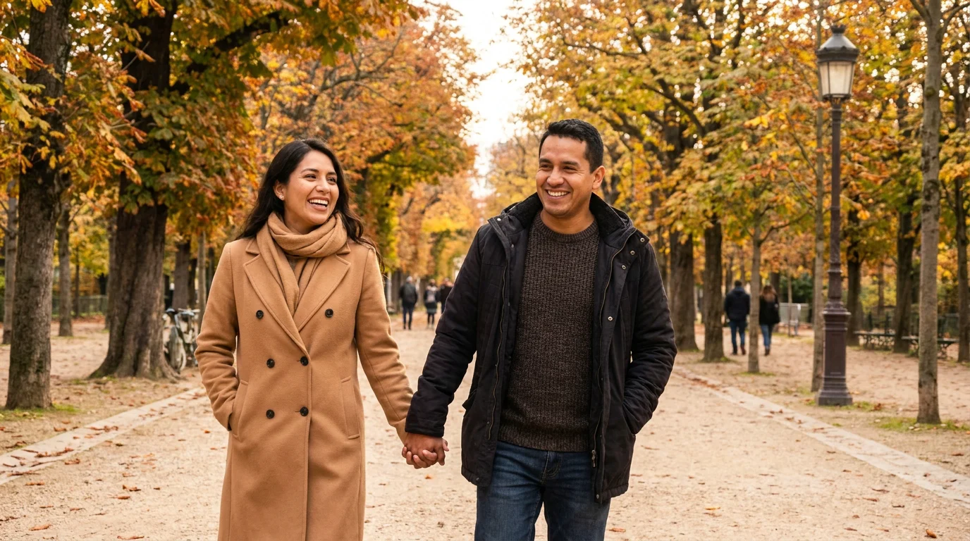 Couple latino-hispanique marchant main dans la main dans un parc en automne