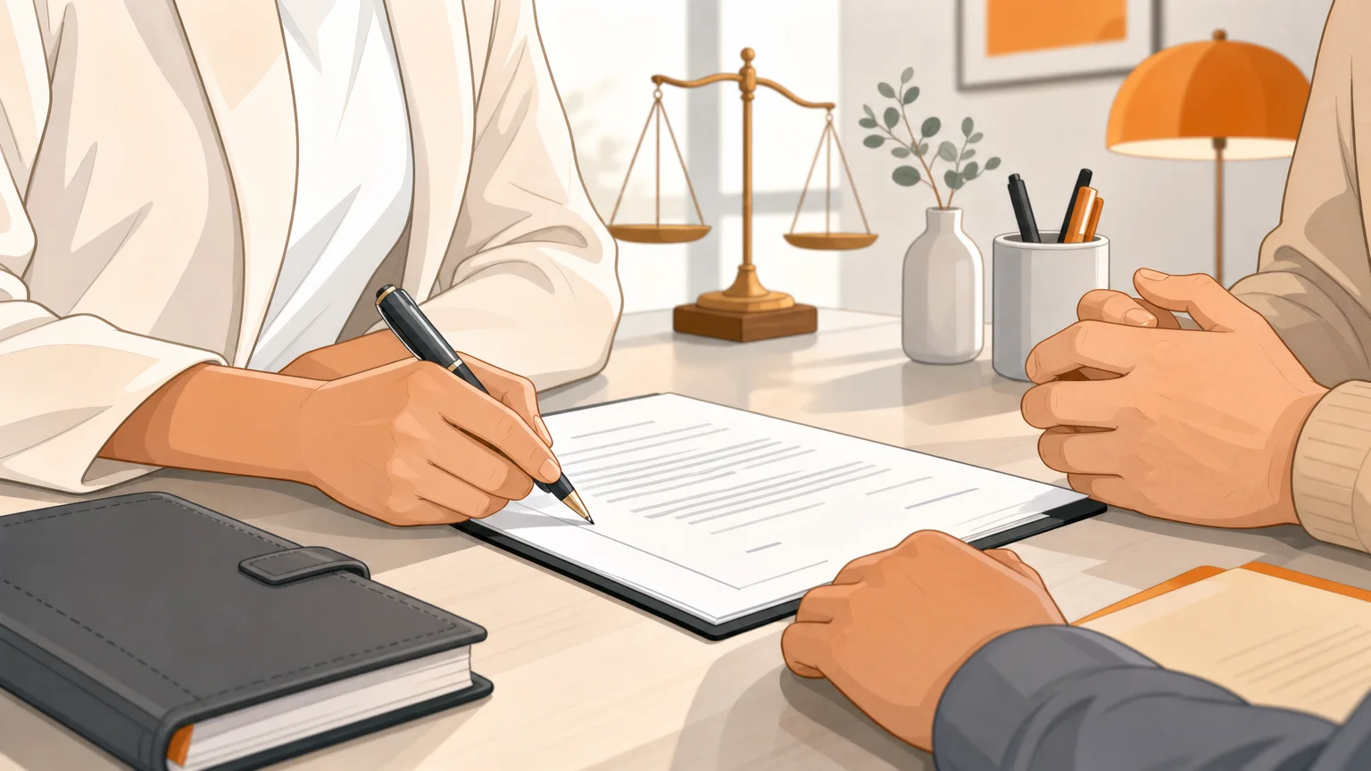 Mains anonymes signant un document familial sur un bureau juridique