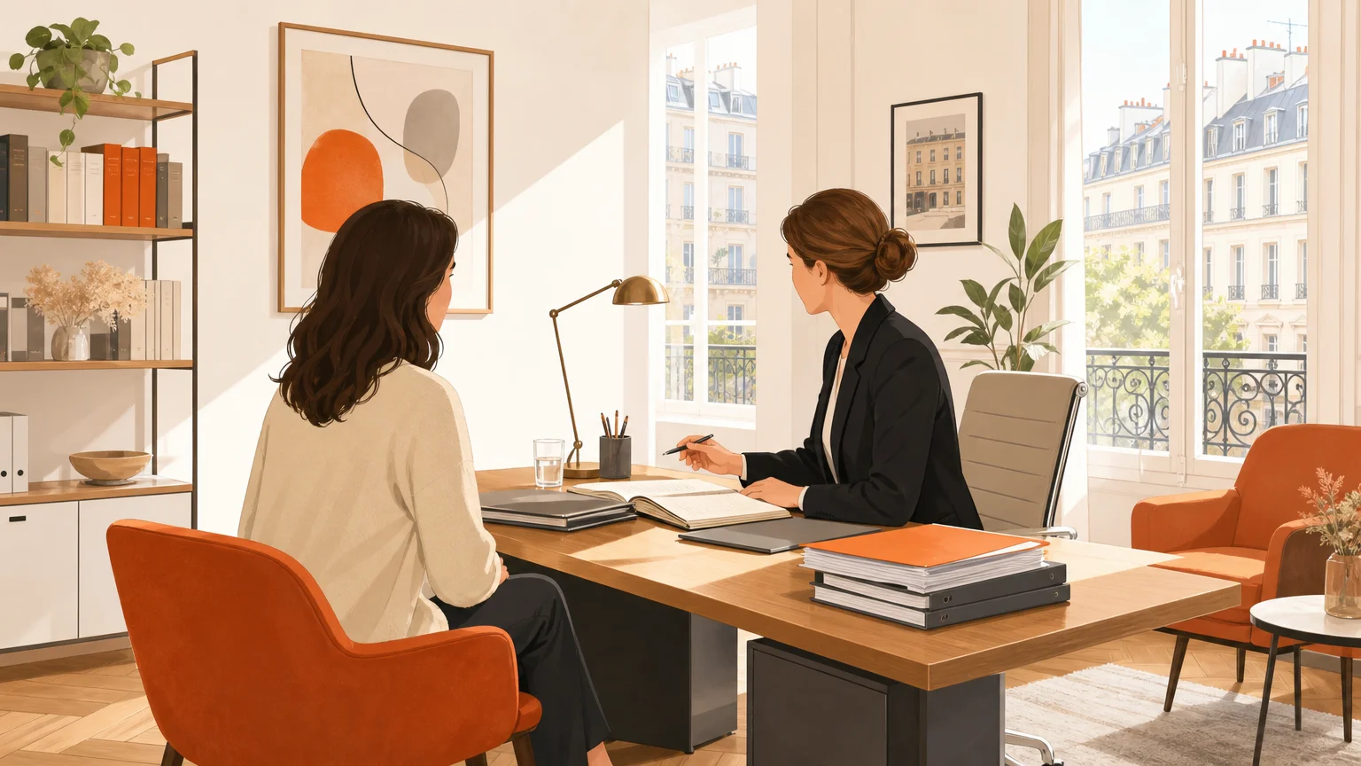 Échange entre une cliente et une avocate dans un bureau juridique lumineux