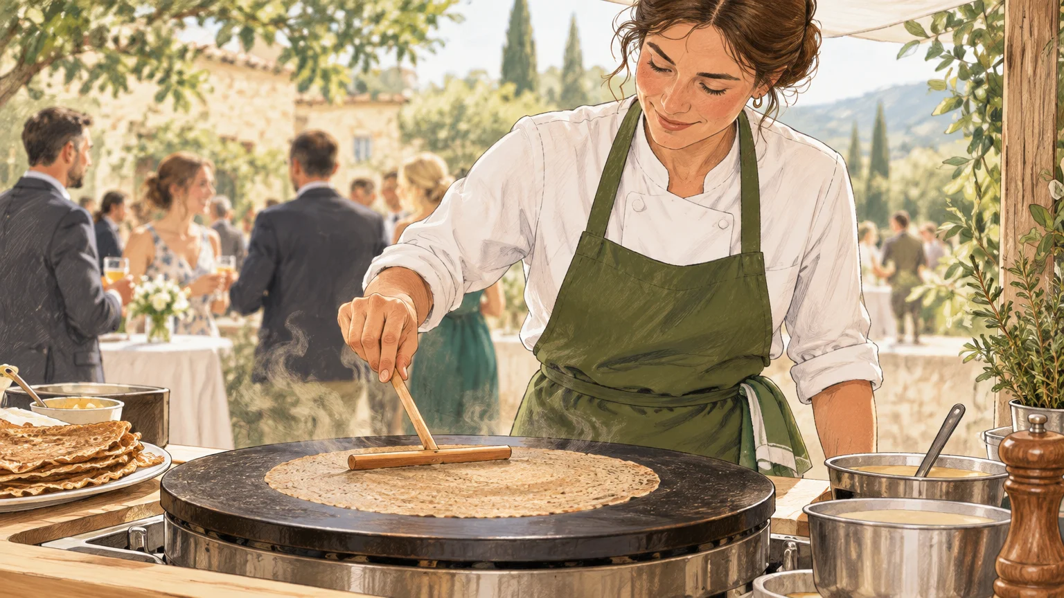 Préparation d’une galette de sarrasin sur une plaque de cuisson pendant une réception de mariage