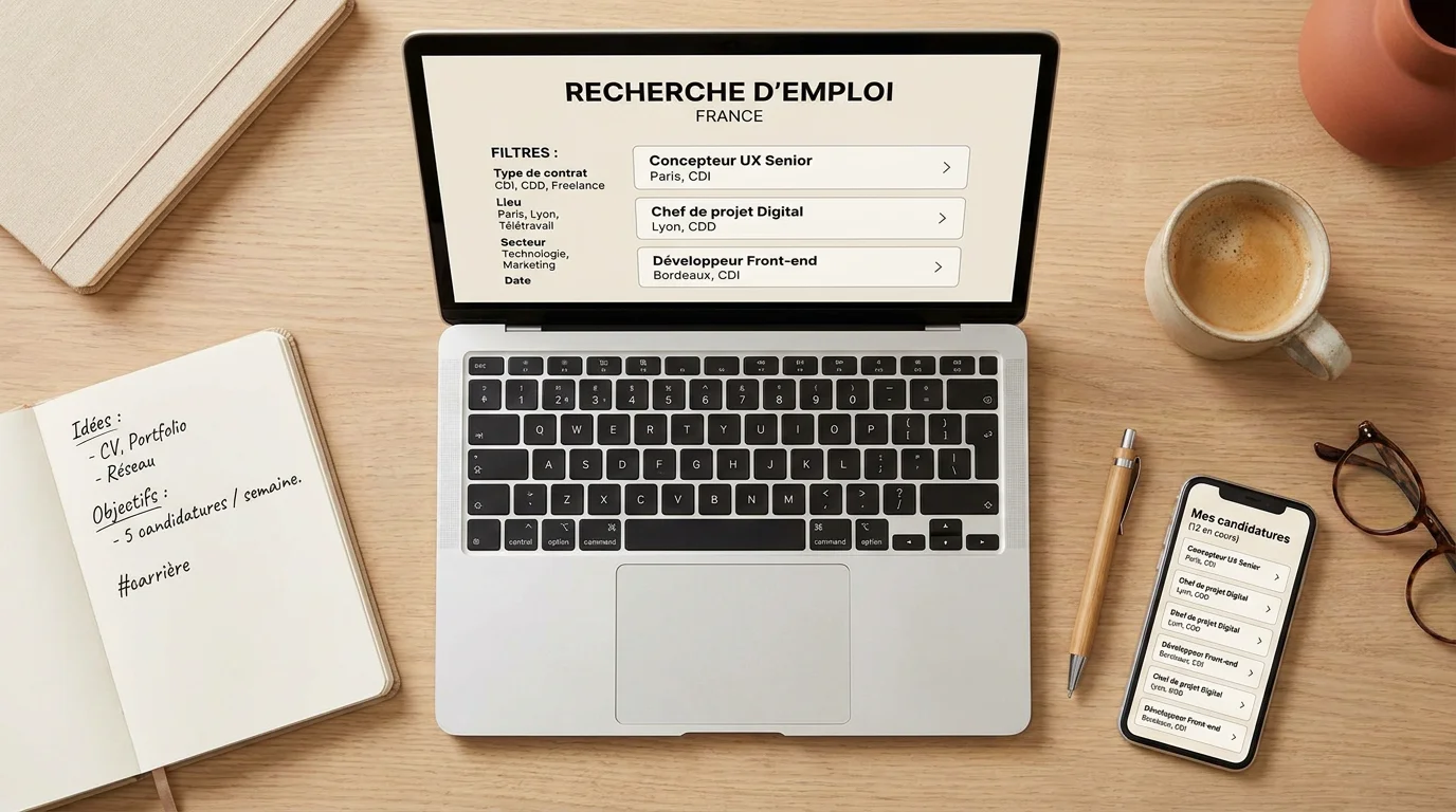Bureau avec ordinateur portable affichant une recherche d'offres d'alternance en France