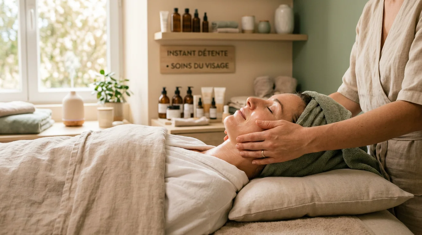 Femme détendue pendant un massage du visage dans un institut de bien-être