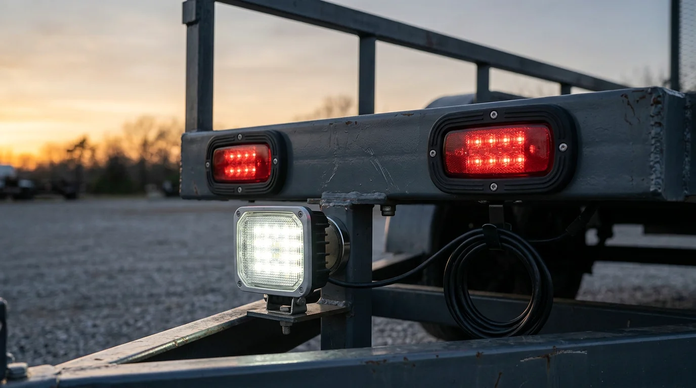 Sealed LED taillights and a work light mounted on a utility trailer at dusk