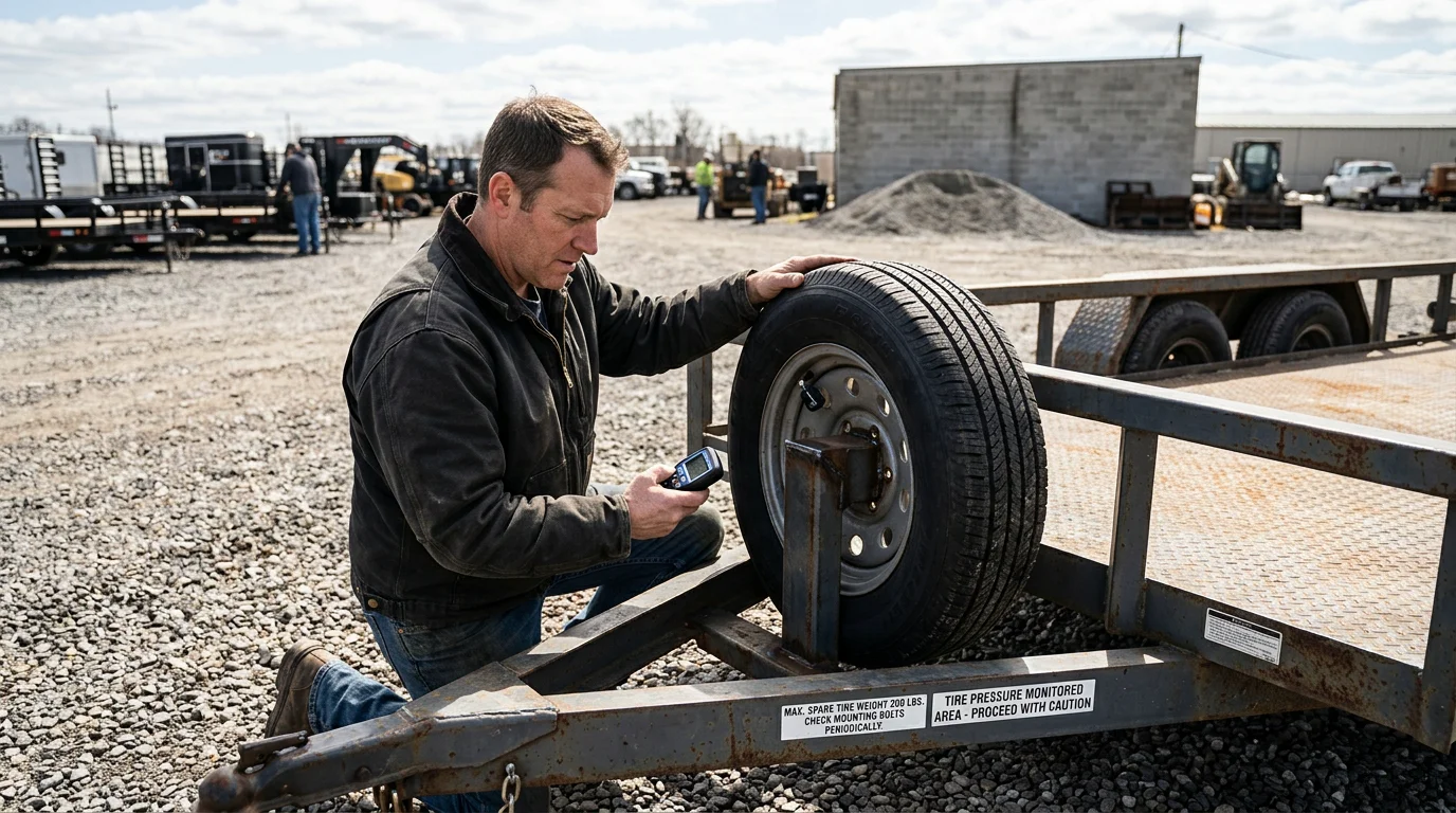 A person checking a tire pressure monitor and mounted spare on a utility trailer