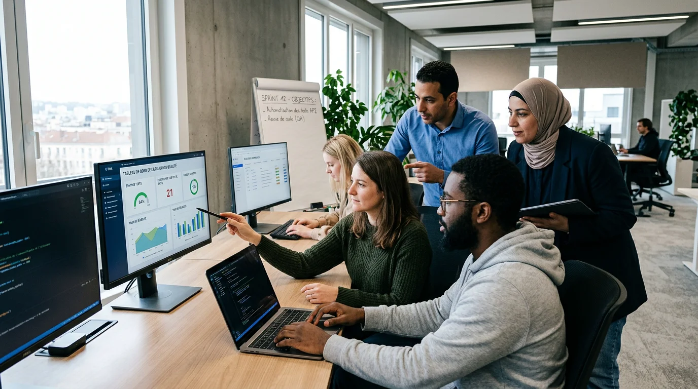 Équipe européenne d'assurance qualité analysant des tableaux de bord de test logiciel
