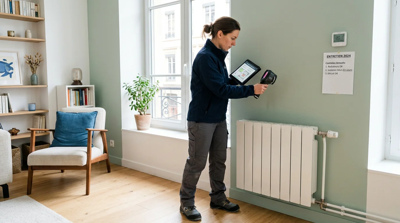 Diagnostiqueur énergétique inspectant l'isolation d'un logement avec un appareil de mesure