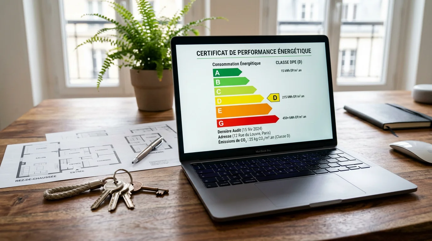 Étiquette énergétique d'un logement affichée sur un écran lors d'un diagnostic