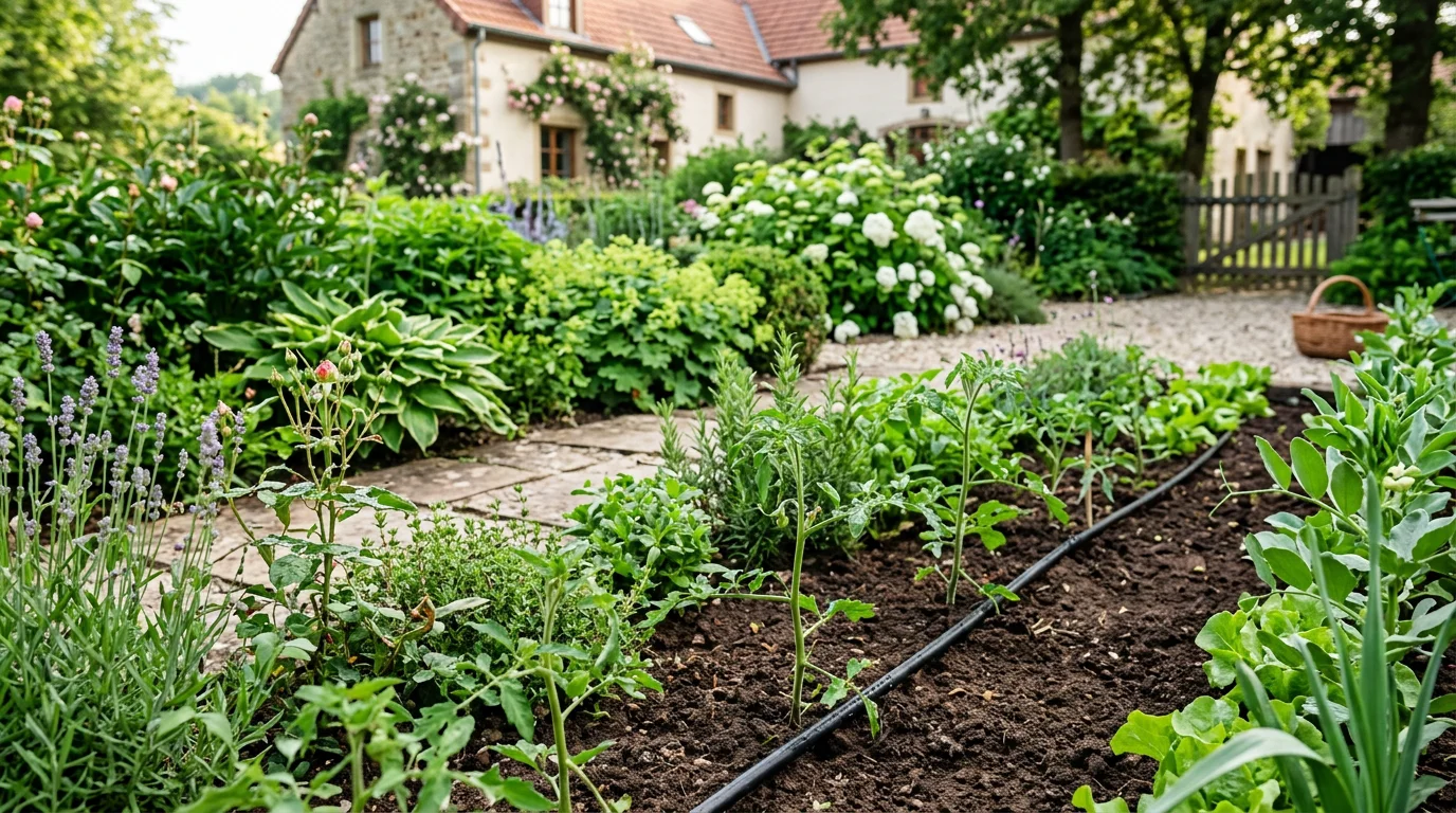 Système de goutte-à-goutte arrosant un massif dans un jardin luxembourgeois en été