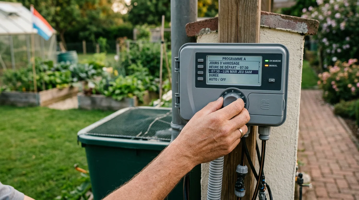 Réglage d'un programmateur d'arrosage automatique dans un jardin