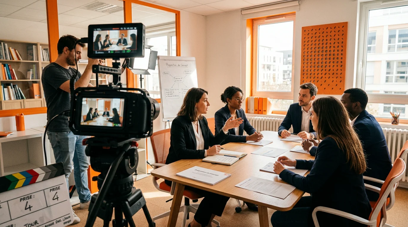 Tournage d'une vidéo marque employeur dans un bureau avec une équipe européenne