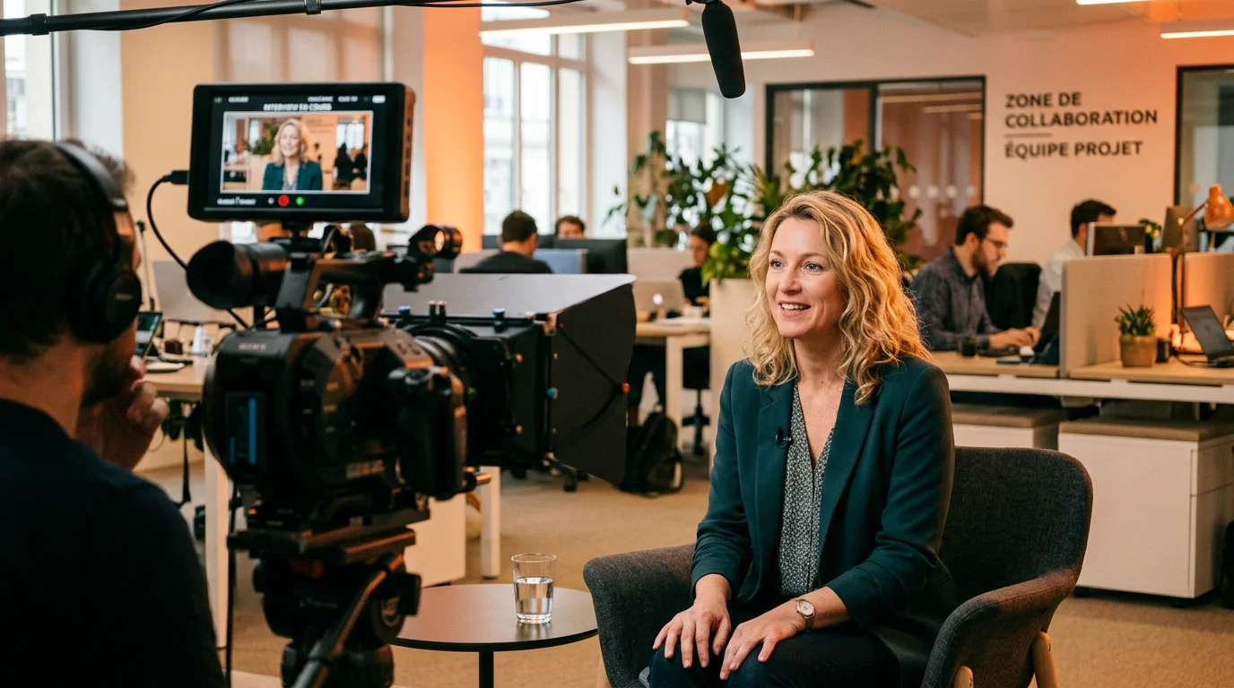 Interview d'une collaboratrice lors d'un tournage de vidéo marque employeur