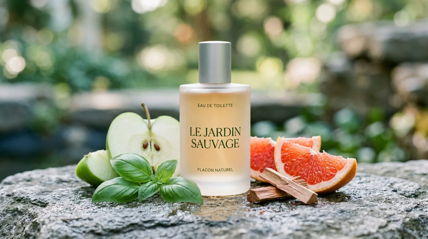 Flacon de parfum entouré de pomme verte, pamplemousse, basilic et bois de cèdre