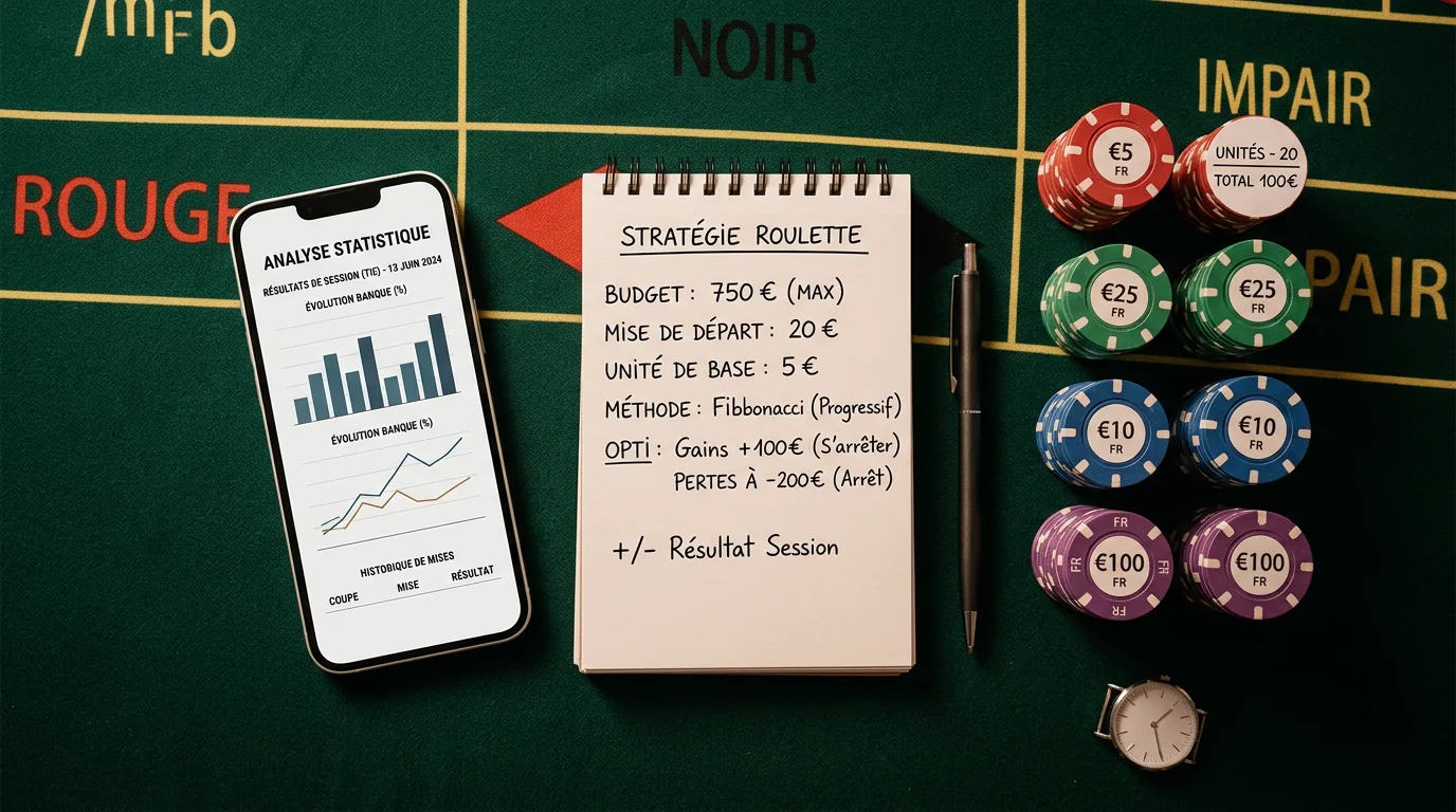 Jetons de casino et carnet de notes pour planifier une stratégie de roulette