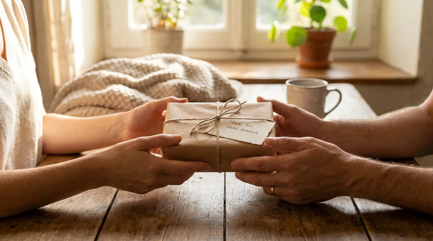 Mains de couple échangeant un petit cadeau symbolique emballé avec soin