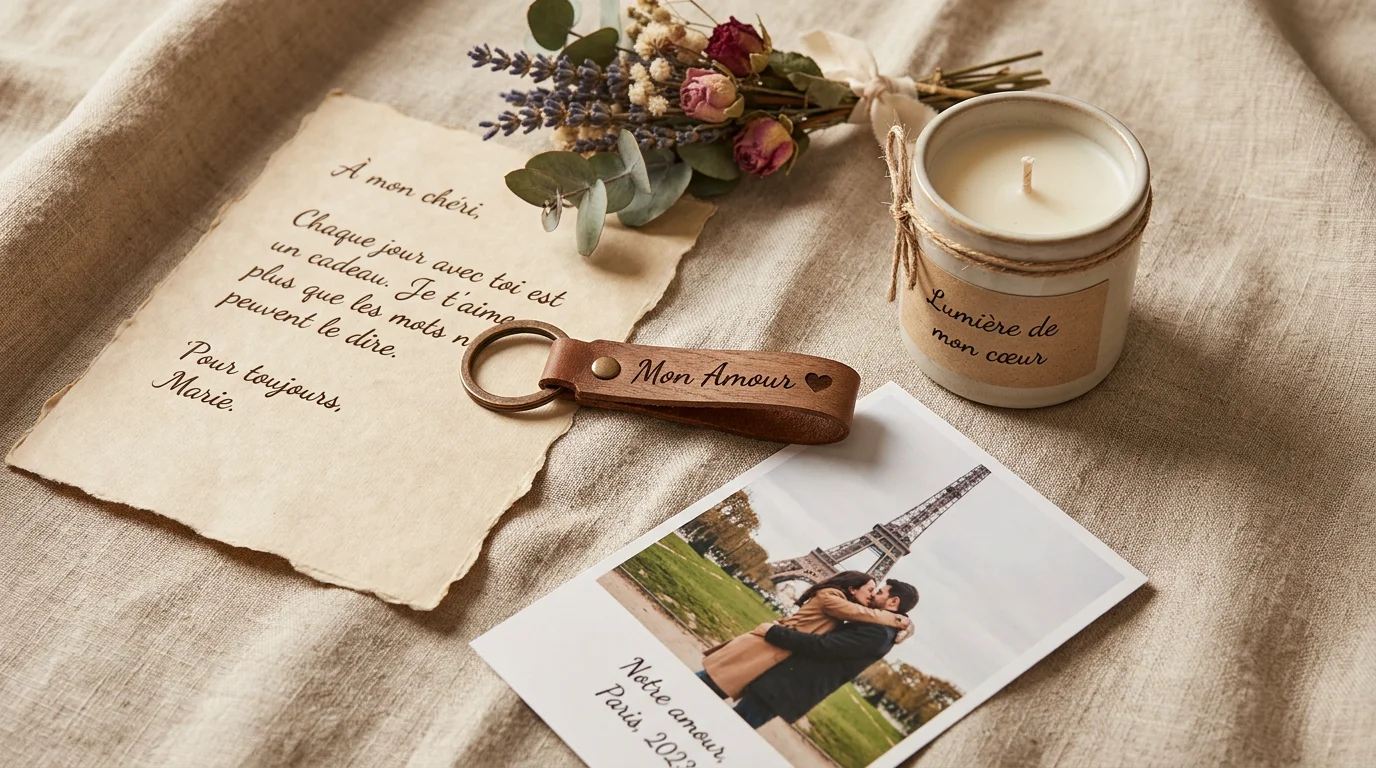 Mise à plat de cadeaux personnalisés d'amour pour homme sur tissu en lin