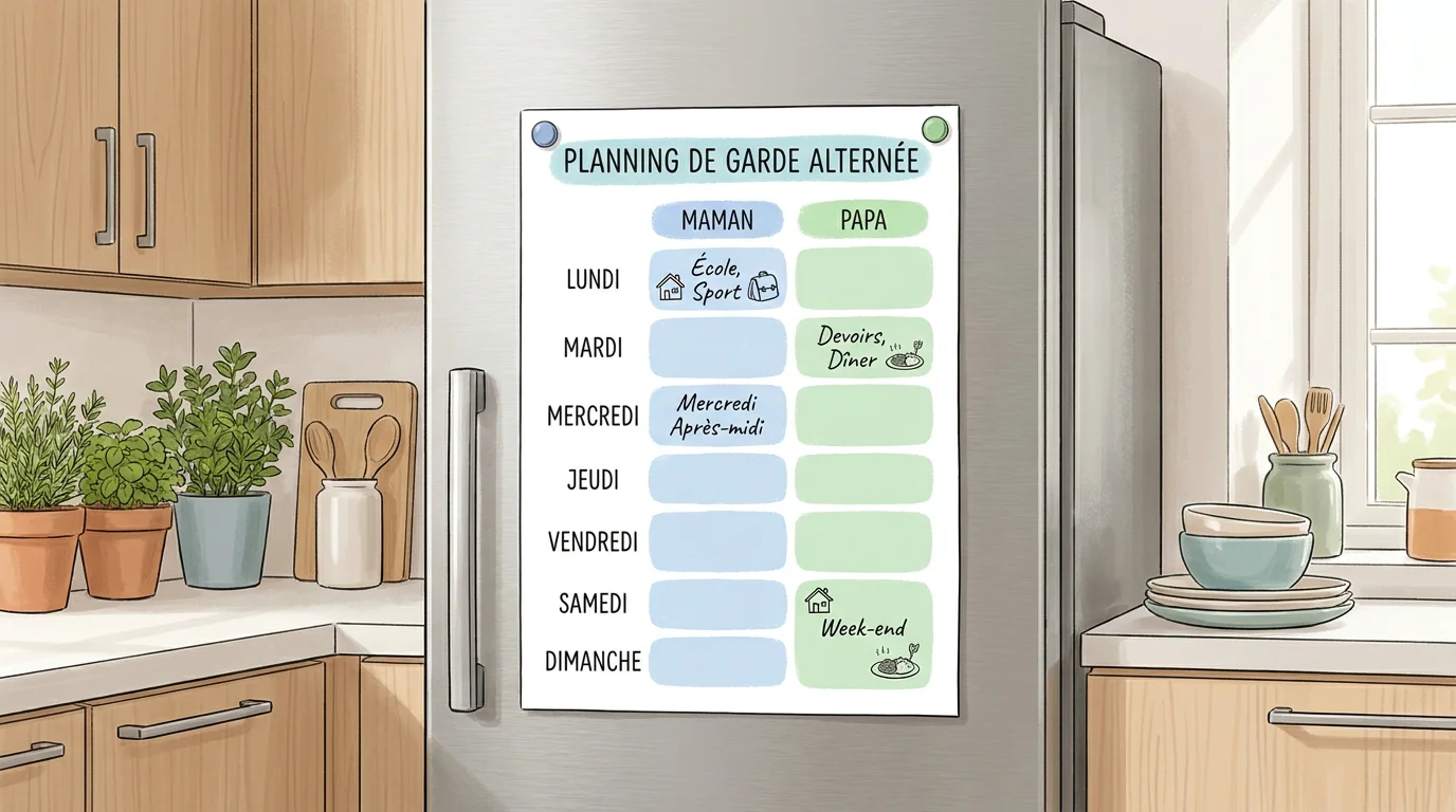 Planning de garde alternée 50/50 affiché dans une cuisine familiale en France