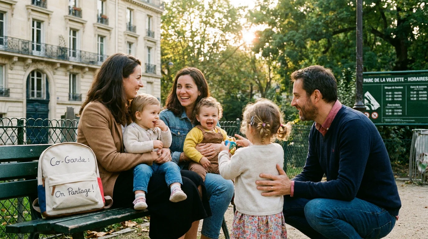 Deux familles françaises partageant un moment dans un parc, symbolisant la co-garde