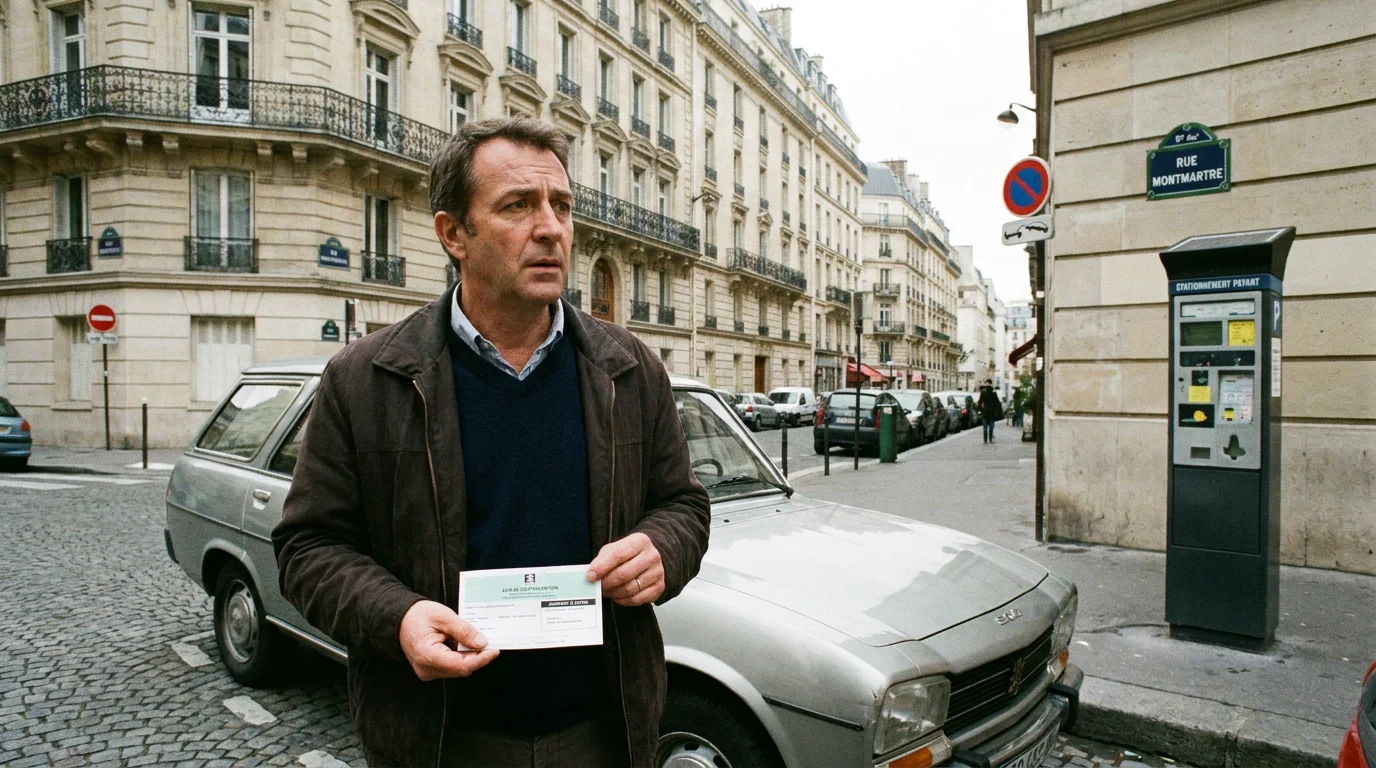 Automobiliste consultant un avis de paiement FPS dans une rue française