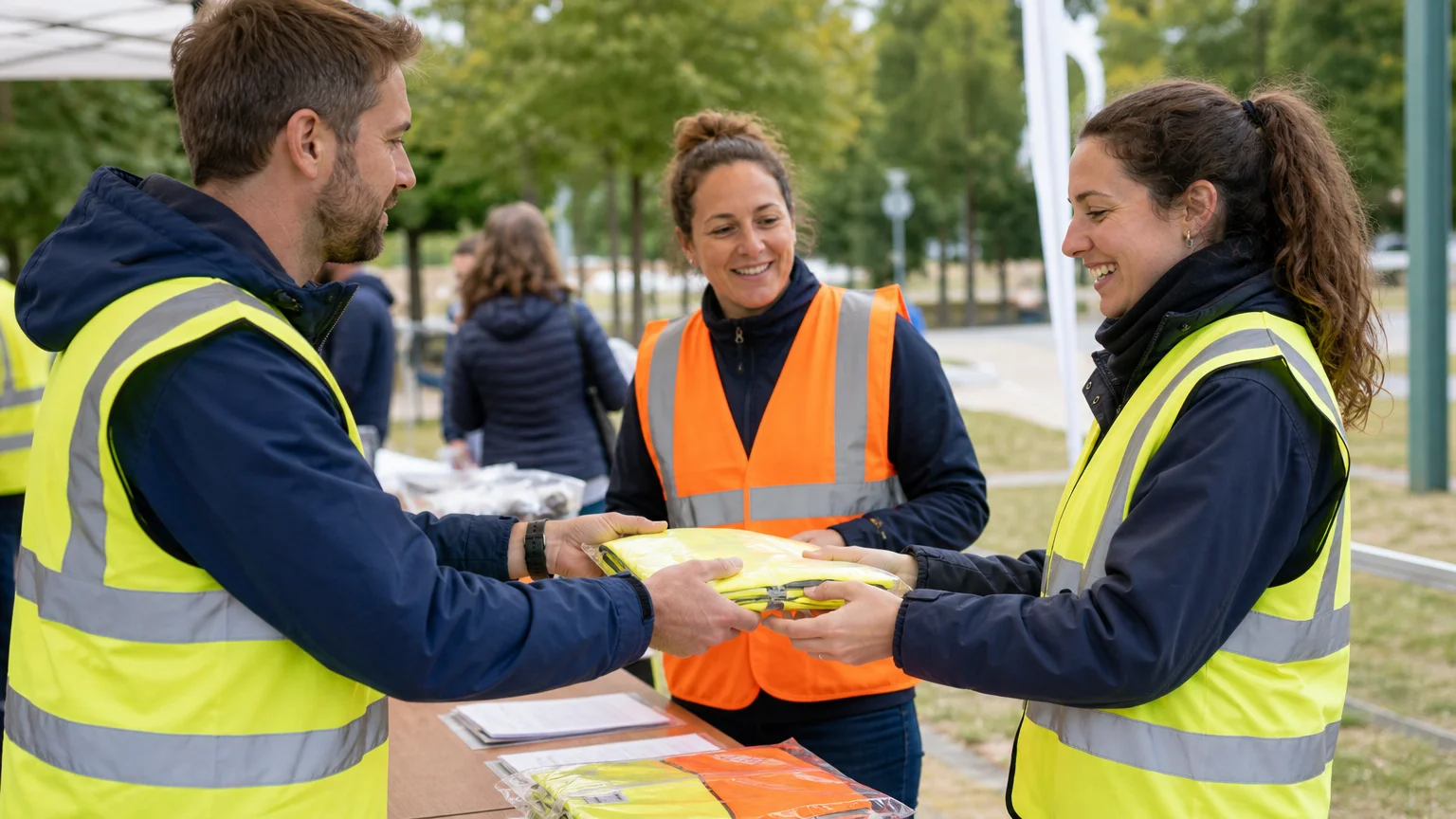 Distribution de gilets de sécurité personnalisés lors d’un événement professionnel