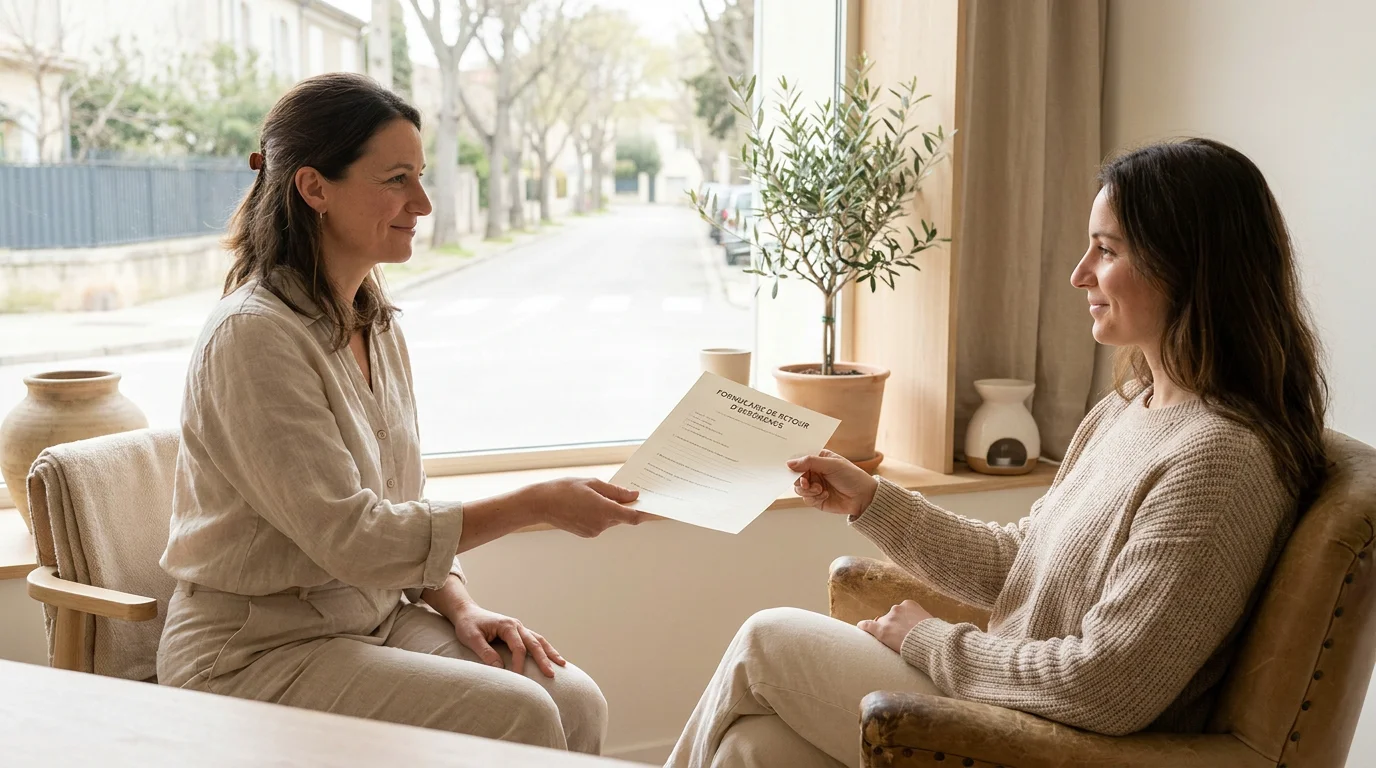 Thérapeute holistique remettant un questionnaire de satisfaction à un client après une séance