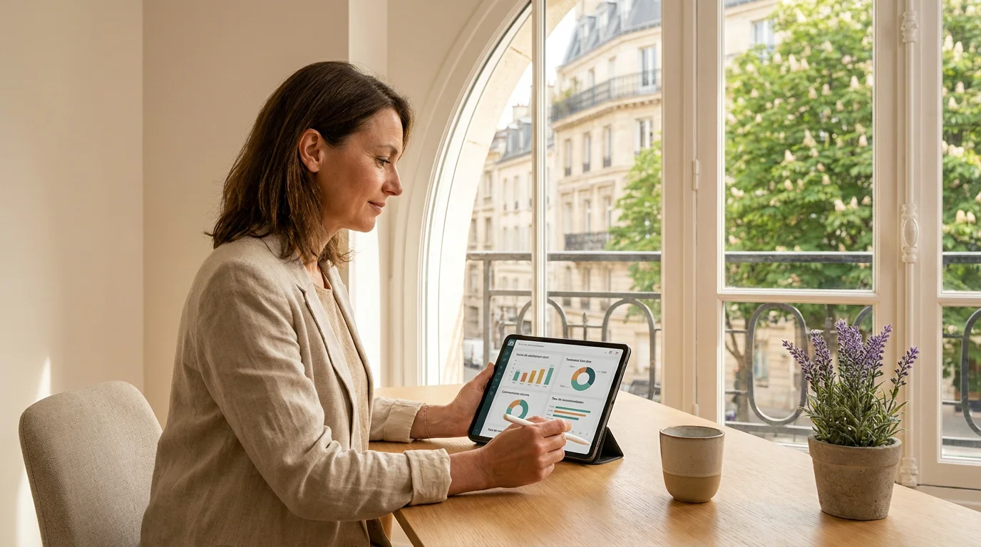 Praticien holistique analysant les résultats d'un questionnaire de satisfaction client sur une tablette