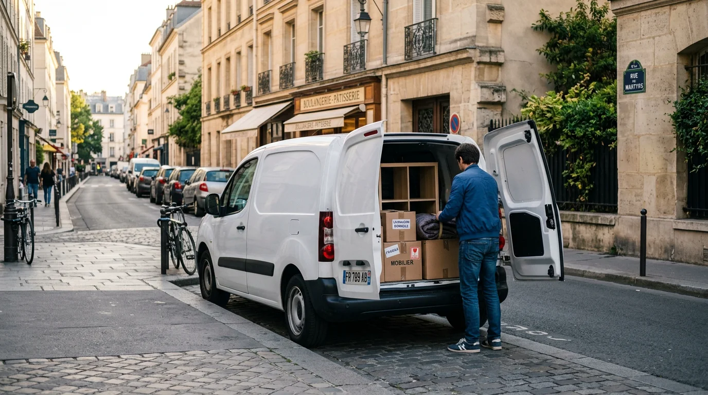 Petit fourgon blanc ouvert avec des cartons dans une rue française