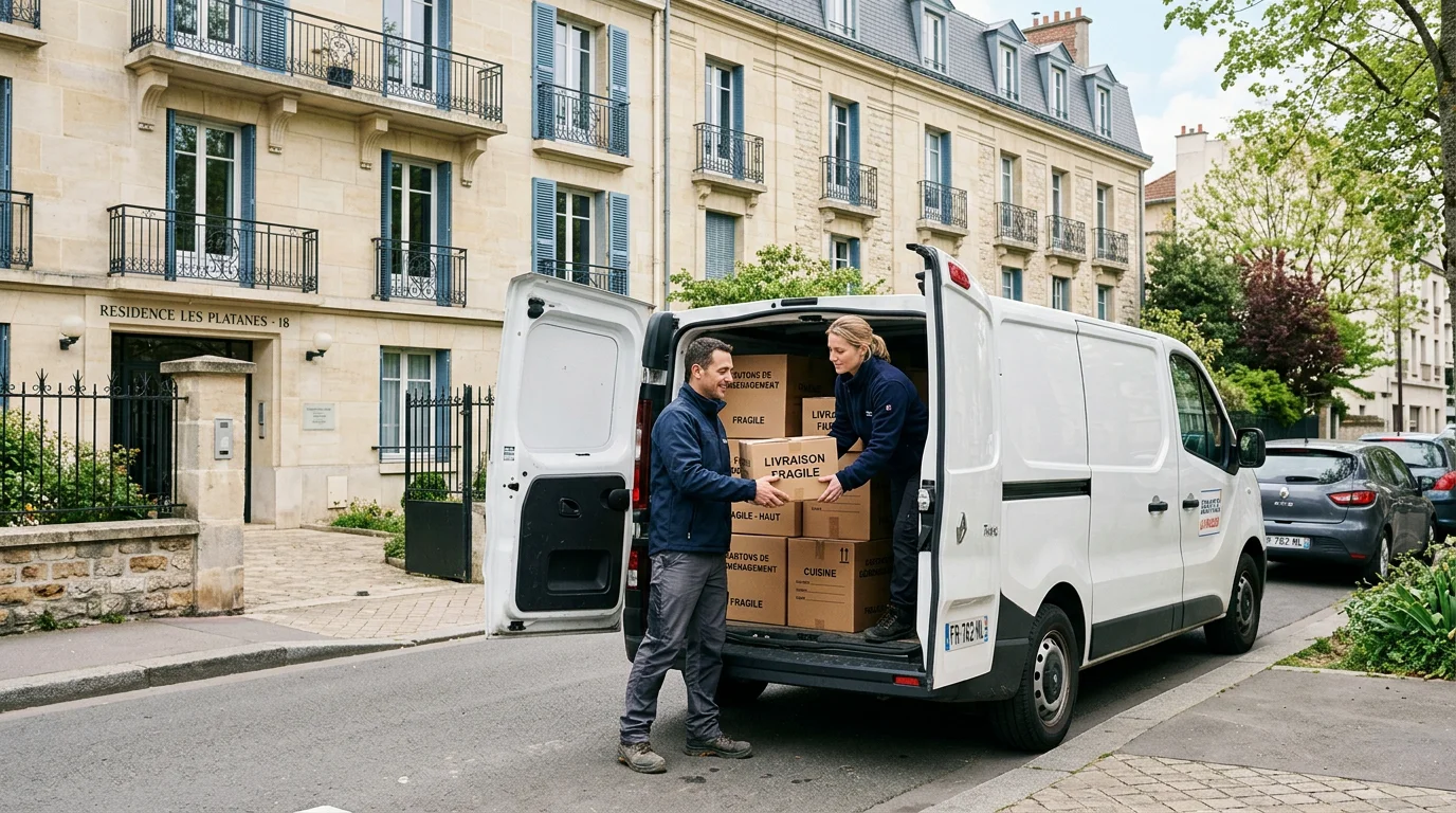 Deux personnes chargeant des cartons dans un fourgon devant un immeuble