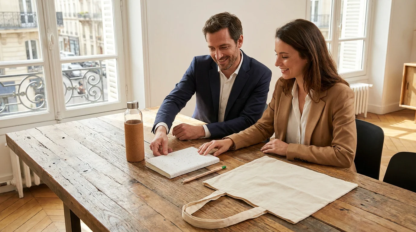 Professionnels découvrant des objets publicitaires originaux et éco-responsables lors d'une réunion
