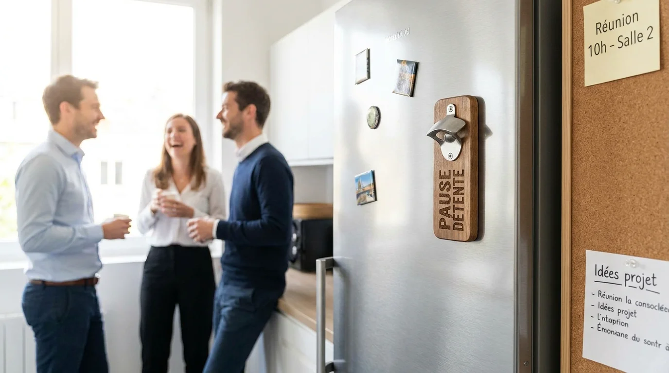 Décapsuleur personnalisé aimanté sur un réfrigérateur dans un espace de pause d'entreprise