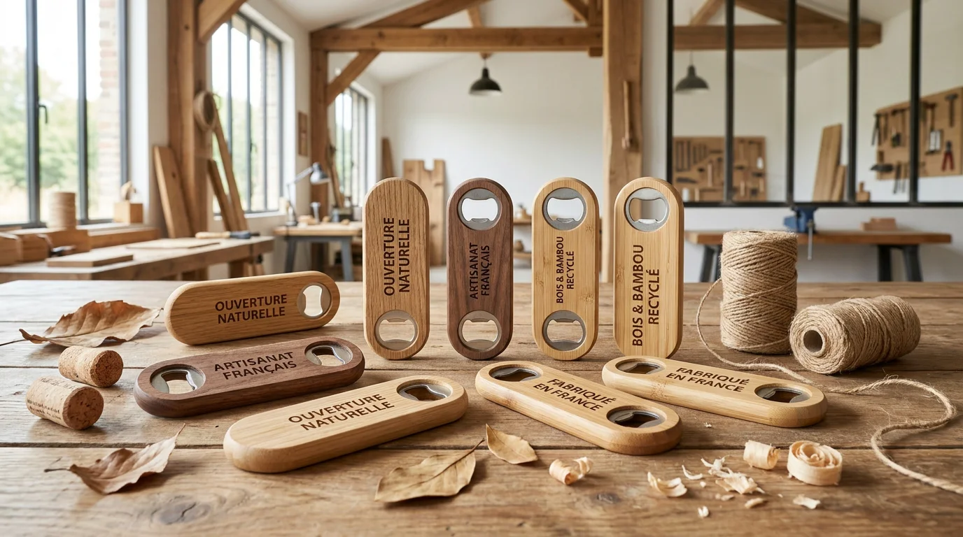 Décapsuleurs éco-responsables en bois et bambou disposés sur une table naturelle