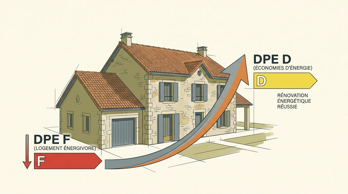 Illustration d'une maison française dont l'étiquette DPE s'améliore grâce à la réforme 2026