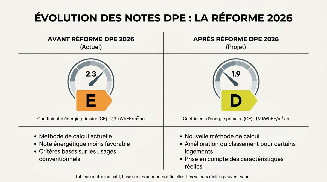 Infographie comparant l'étiquette DPE avant et après la réforme du coefficient électricité en 2026