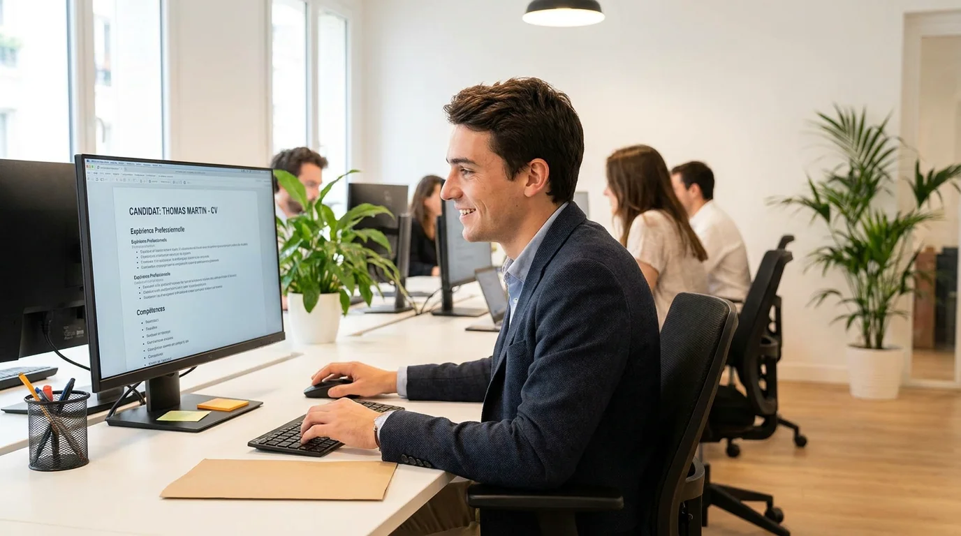 Alternant en ressources humaines travaillant sur des dossiers de recrutement dans un bureau moderne en France