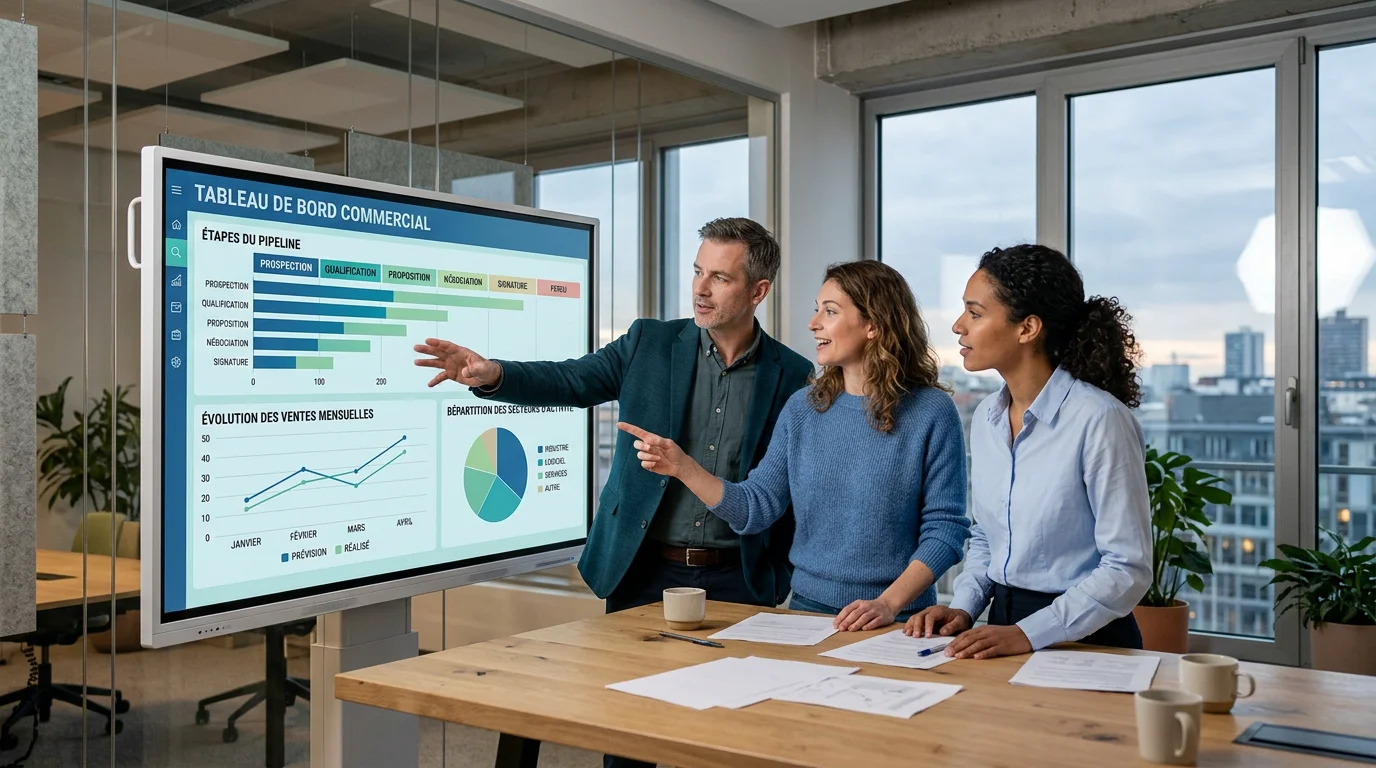 Équipe commerciale européenne analysant un tableau de bord CRM en réunion