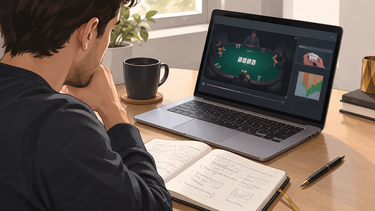 Une personne étudie une vidéo de poker et prend des notes dans un carnet.