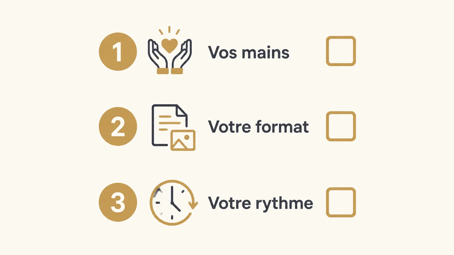 Checklist illustrée pour choisir un apprentissage selon ses mains, son format et son rythme.