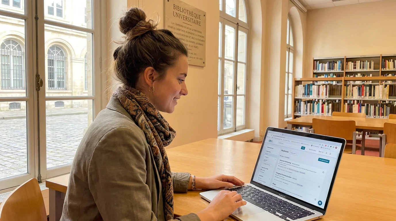 Étudiant consultant des offres d'emploi sur un ordinateur portable dans une bibliothèque universitaire en France