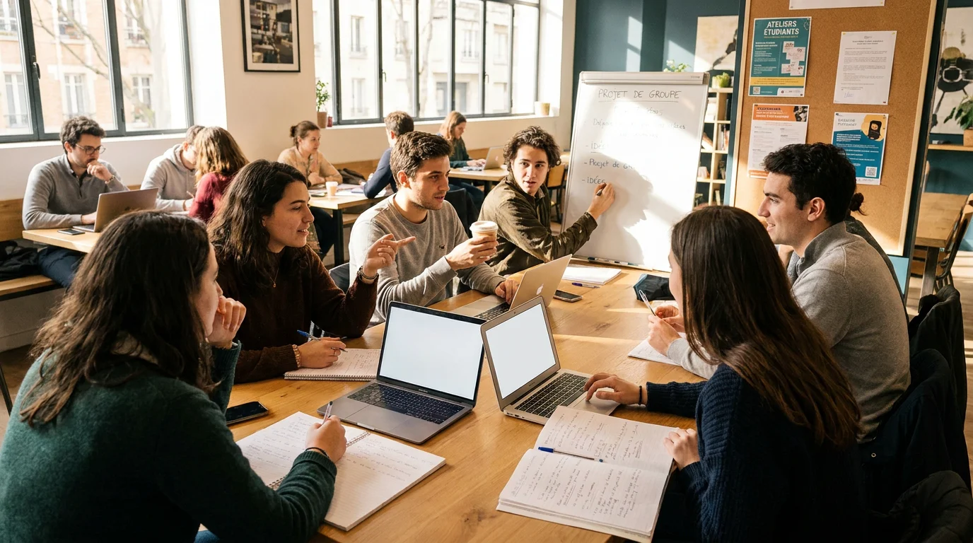 Groupe d'étudiants collaborant dans un espace de coworking moderne en France