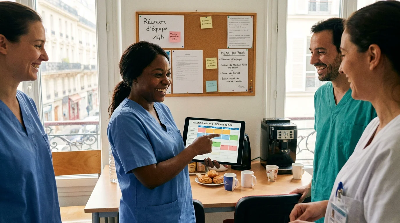 Équipe soignante en pause dans un hôpital français avec planning de missions d'intérim