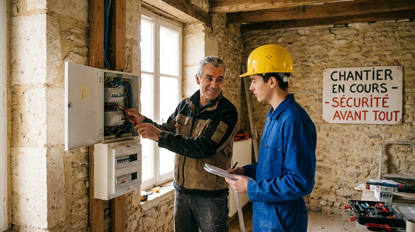 Stagiaire électricien accompagné par un professionnel sur un chantier en France
