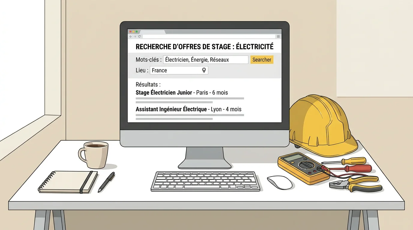 Recherche d'offres de stage électricien en ligne sur un bureau avec outils