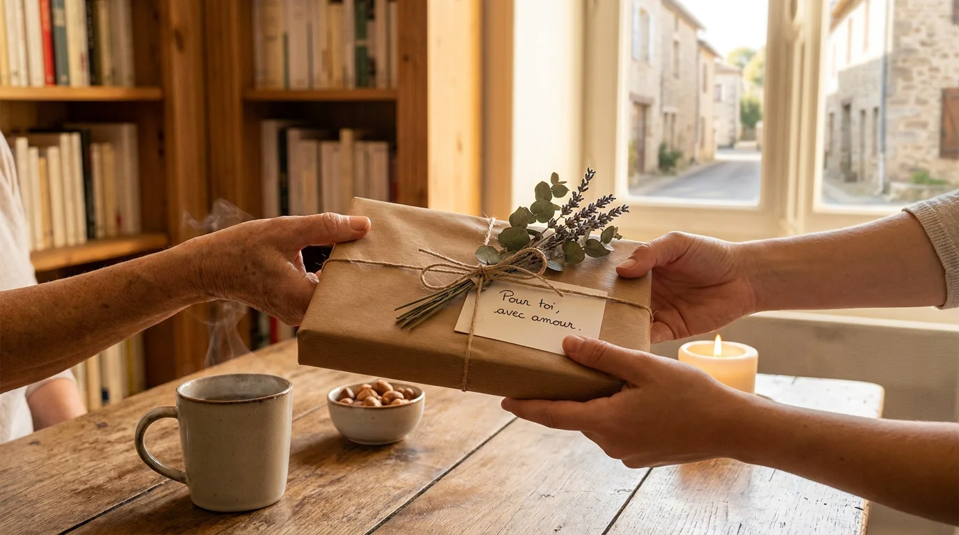 Deux mains échangeant un livre joliment emballé sur une table en bois dans une ambiance chaleureuse