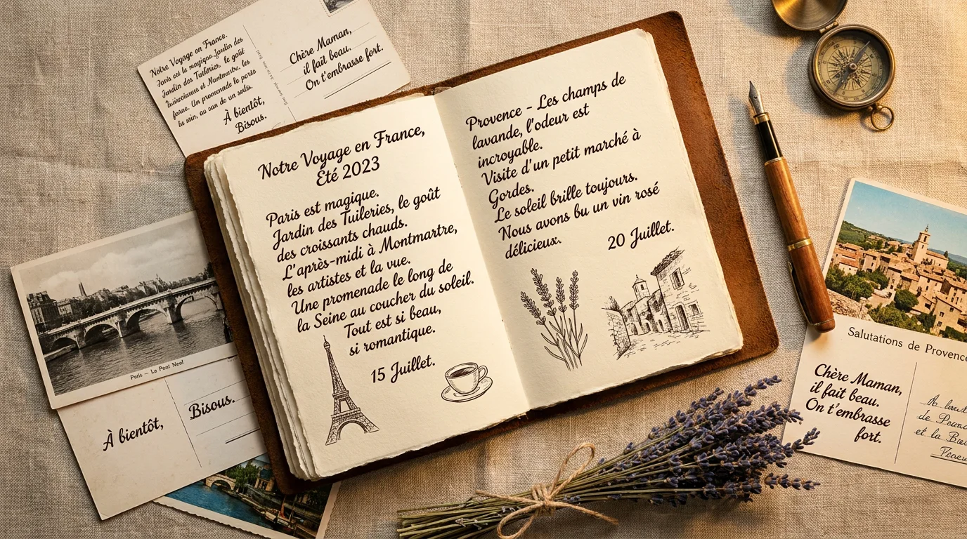 Carnet de voyage ouvert sur une surface en lin entouré de cartes postales et d'un stylo