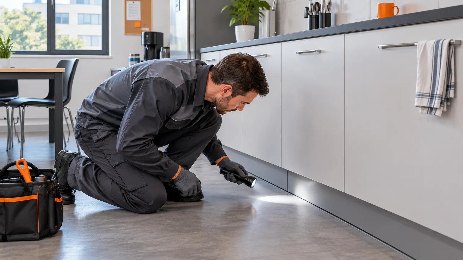 Inspection discrète d’une kitchenette de bureaux par un technicien