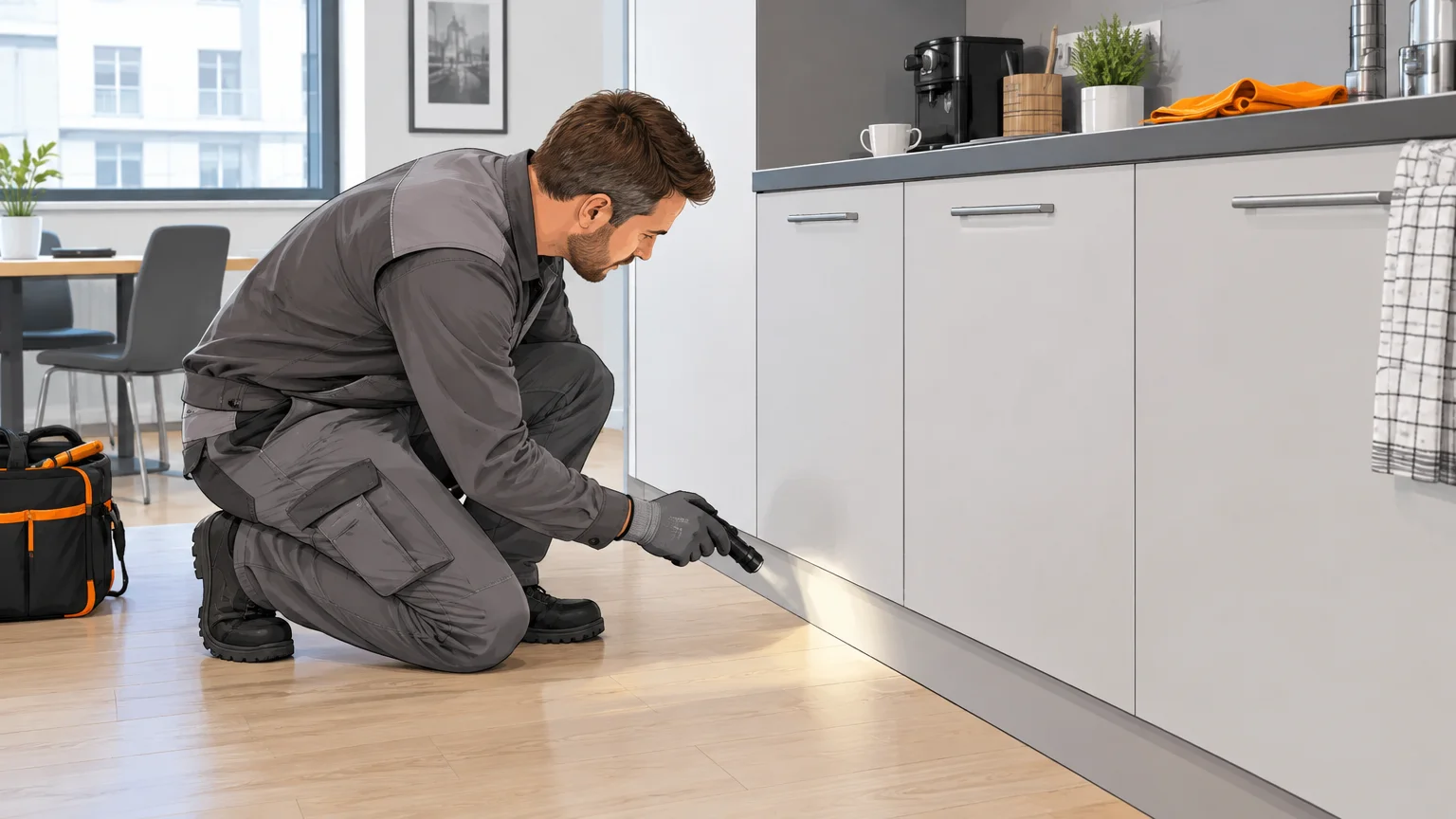 Inspection discrète d’une kitchenette de bureaux par un technicien