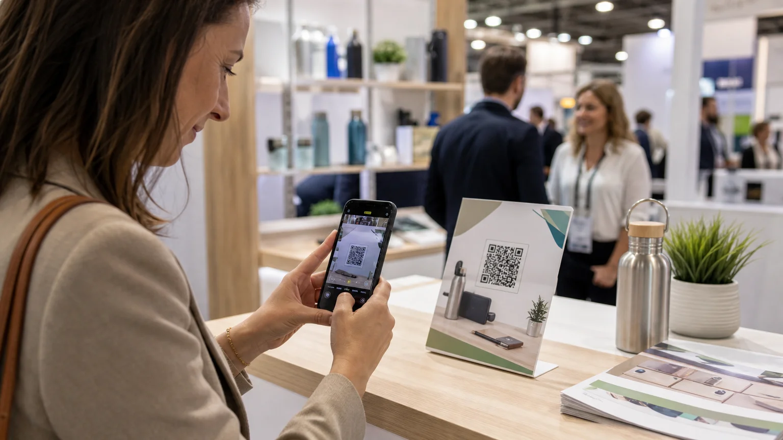 Un visiteur scanne un QR code sur un flyer pendant un salon professionnel