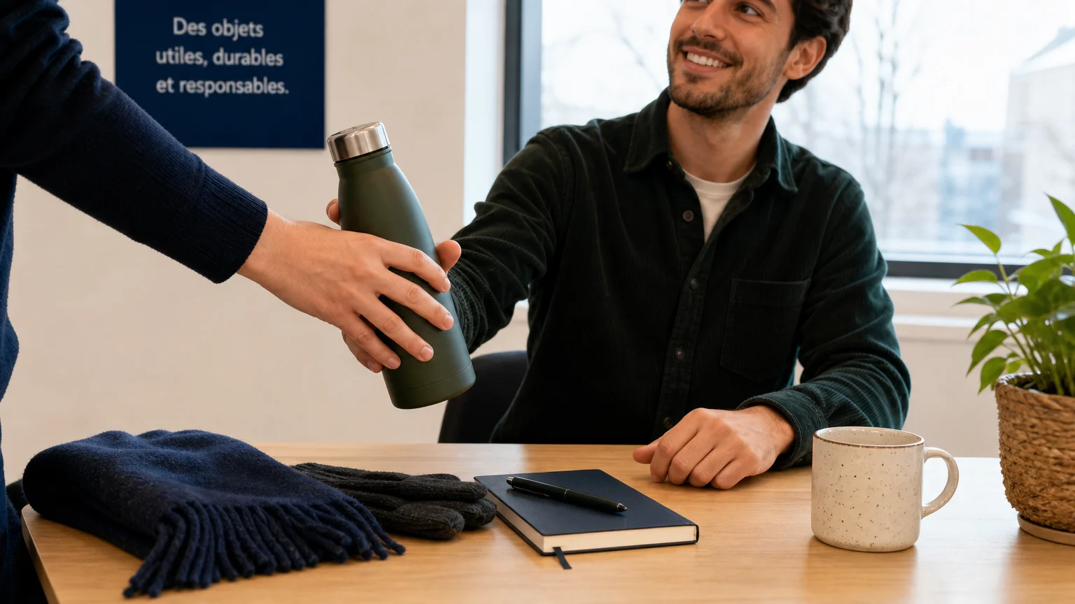 Cadeau d’hiver utile remis à un collaborateur dans un bureau