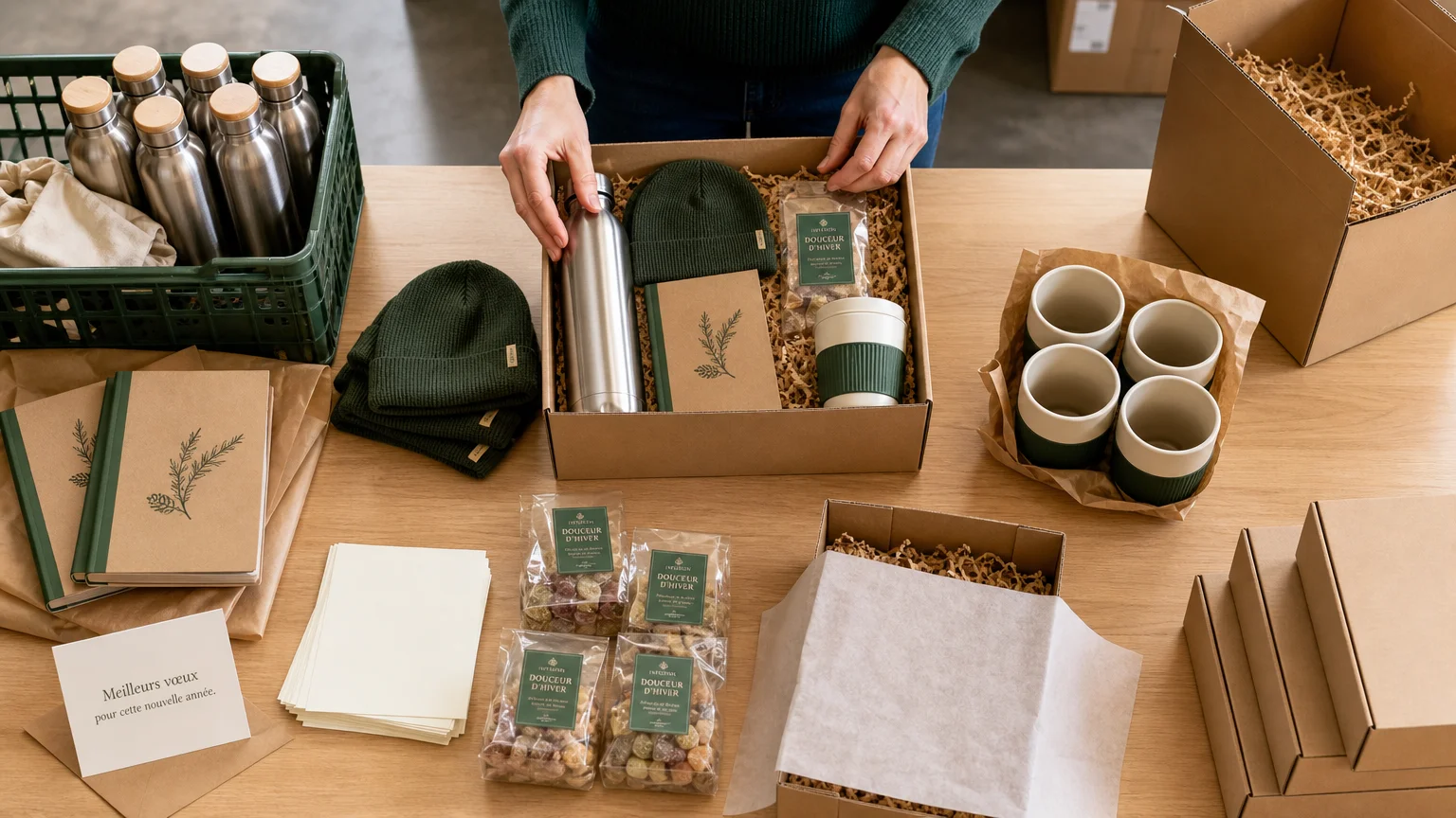 Préparation de coffrets de cadeaux d’affaires hivernaux